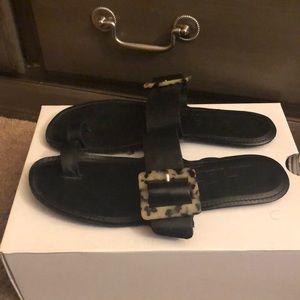 Zara sandals with tan & black marble print buckle